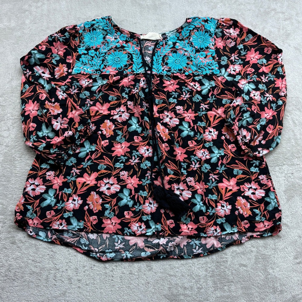 Savanna Jane Blouse Womens L Black Floral Embroidered Boho Whimsical Tassel Top